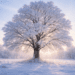 Frost-covered tree in winter landscape.
